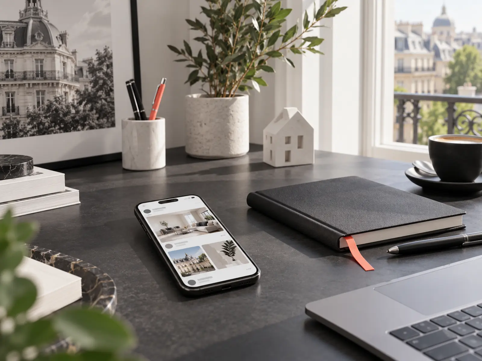 Un espace de travail avec un téléphone, un carnet et une plante